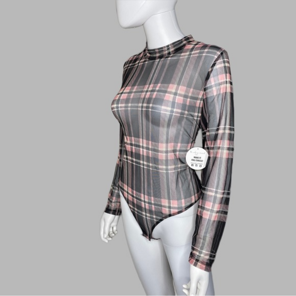Jolie & Joy by FCT Pink and‎ Black Plaid Sheer Bodysuit